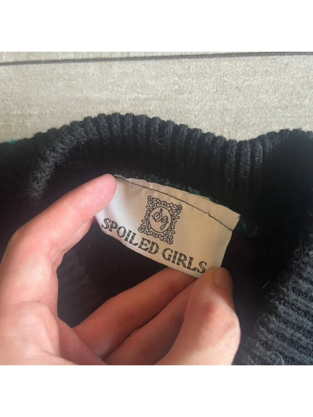 Vintage Spoiled Girls Patterned Knit Pullover Sweater Black Green Purple